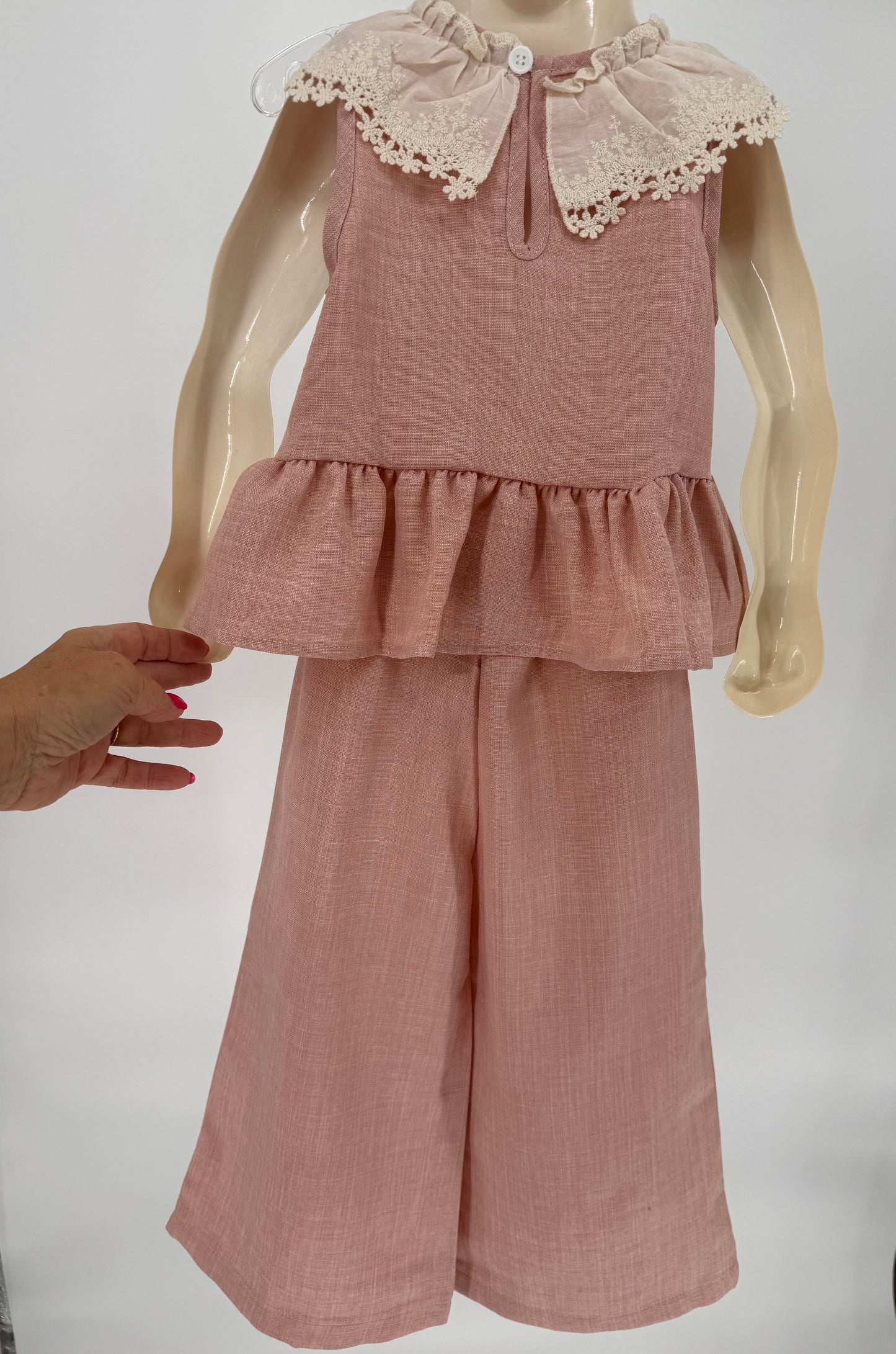 CH11 Toddler Children's Mauve 2 Pc Pant Set with Wide Leg Design and Antique Lace Collar and Trim