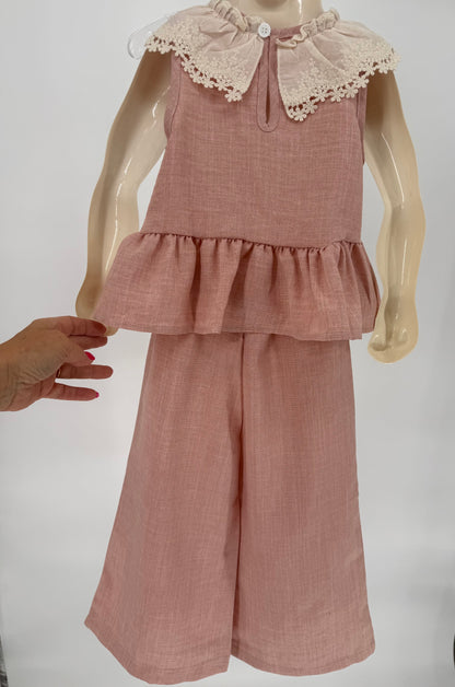 CH11 Toddler Children's Mauve 2 Pc Pant Set with Wide Leg Design and Antique Lace Collar and Trim