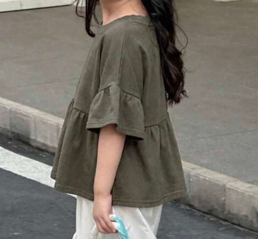 TP1 Army Green Swing Style Cropped Top with Ruffle 3/4 Length Sleeves