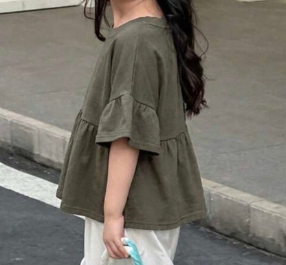 TP1 Army Green Swing Style Cropped Top with Ruffle 3/4 Length Sleeves