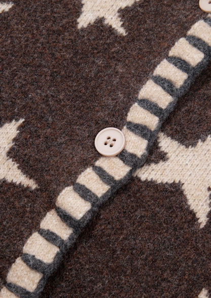 MLSS Brown Button Up Cardigan Sweater with Star Details and Blanket Stiching on Pockets,Cuffs, Neck and Hem