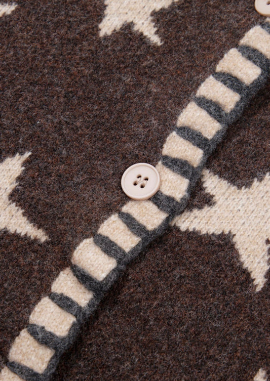 Brown button-up cardigan sweater with star details, blanket stitching on pockets, cuffs, neck, and hem, by Ivy's Gifts & Boutique.