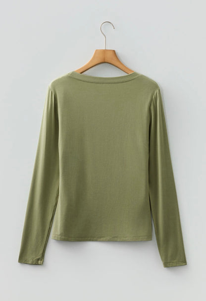 A11 Green Scoop Neck Classic LongSleeve Top