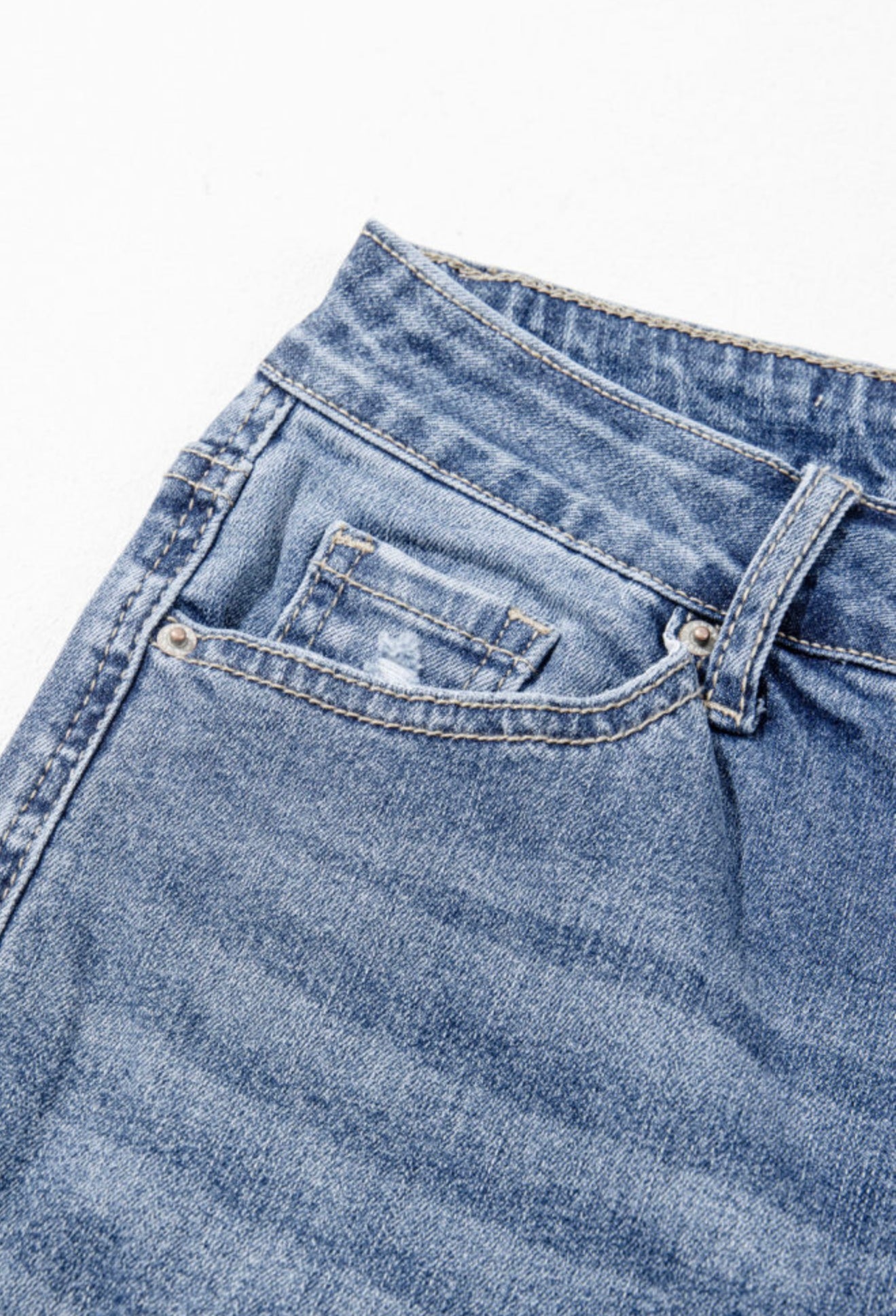 Distressed Blue Jeans with Trendy Frayed Wide Leg Hem