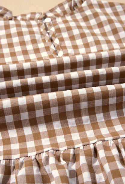 BGEB Brown Gingham Print Elastic Bodice Blouse