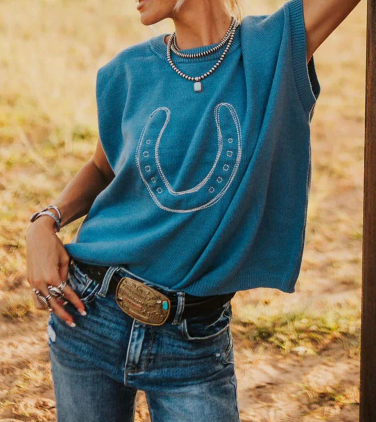 A46 Blue Horse Shoe Design Top - Ivy's Gifts & Boutique