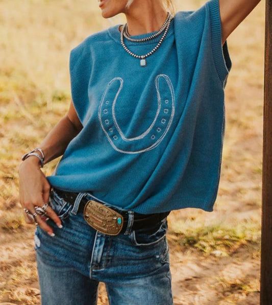A46 Blue Horse Shoe Design Top - Ivy's Gifts & Boutique