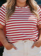 PP22 Red and White Stripe Short Sleeve Top with Scalloped Edge Sleeve Hem and Neckline