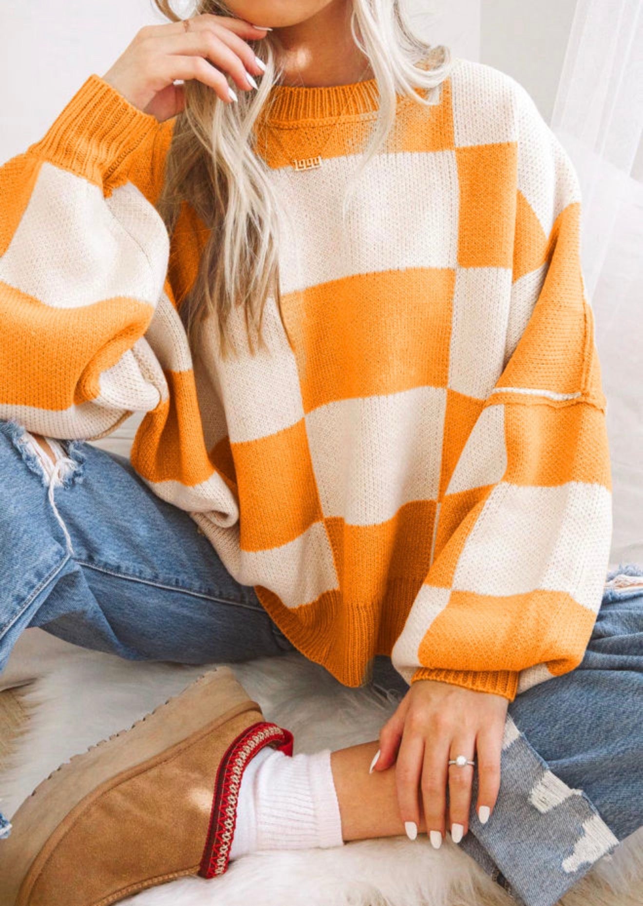 MLTN Orange and White Checkered Sweater perfect for Game Day