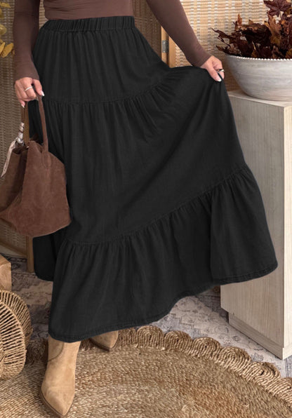 MLBS Black Tiered Hem Maxi Skirt with Elastic Waist