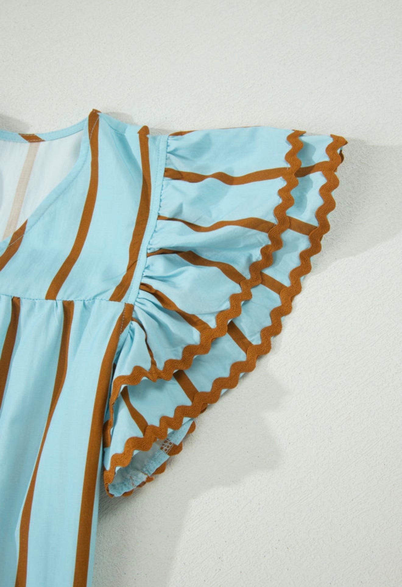 ML42 Turquoise and Brown Stripe V Neck Blouse with Ruffle Cap Sleeve And RicRac Trim