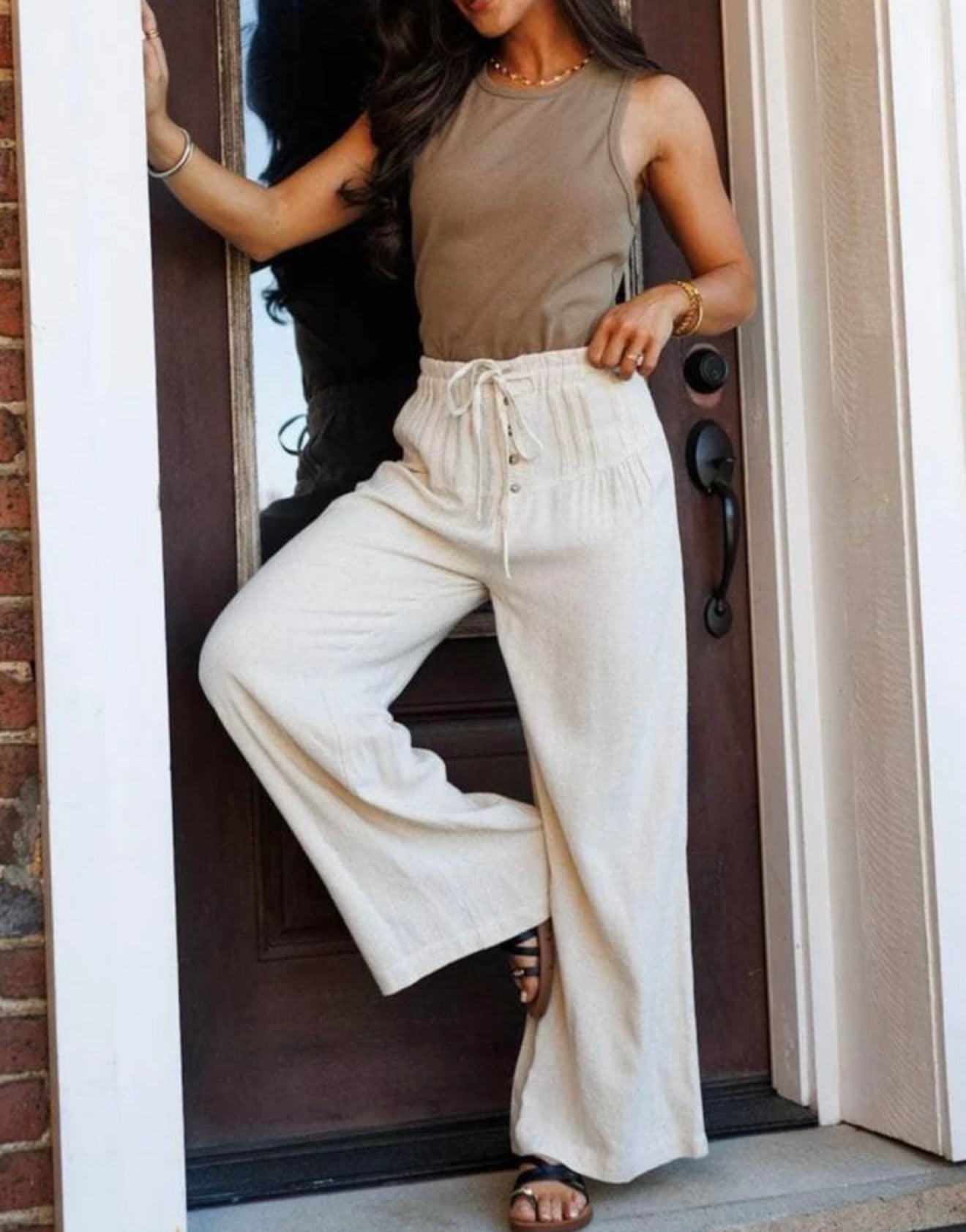 A71 White Pleated Drawstring Wide Leg Pants with Buttons - Ivy's Gifts & Boutique