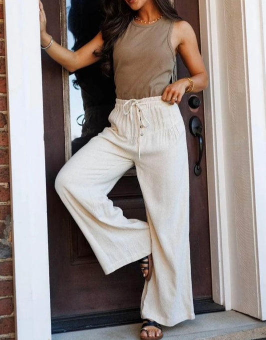A71 White Pleated Drawstring Wide Leg Pants with Buttons - Ivy's Gifts & Boutique