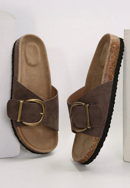 A47 Brown Leatherette Simple Buckle Sandal - Ivy's Gifts & Boutique