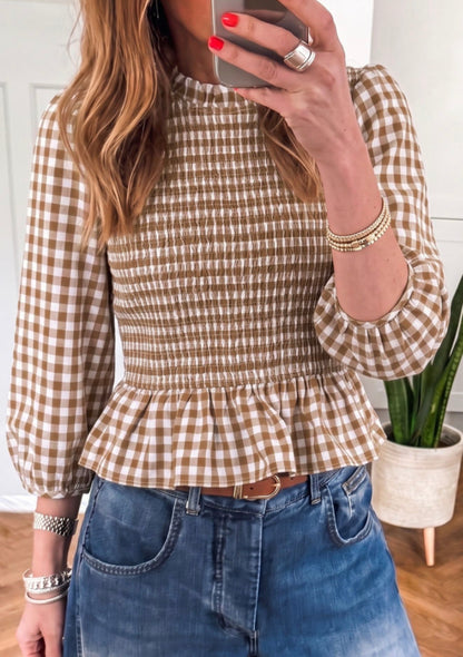 BGEB Brown Gingham Print Elastic Bodice Blouse