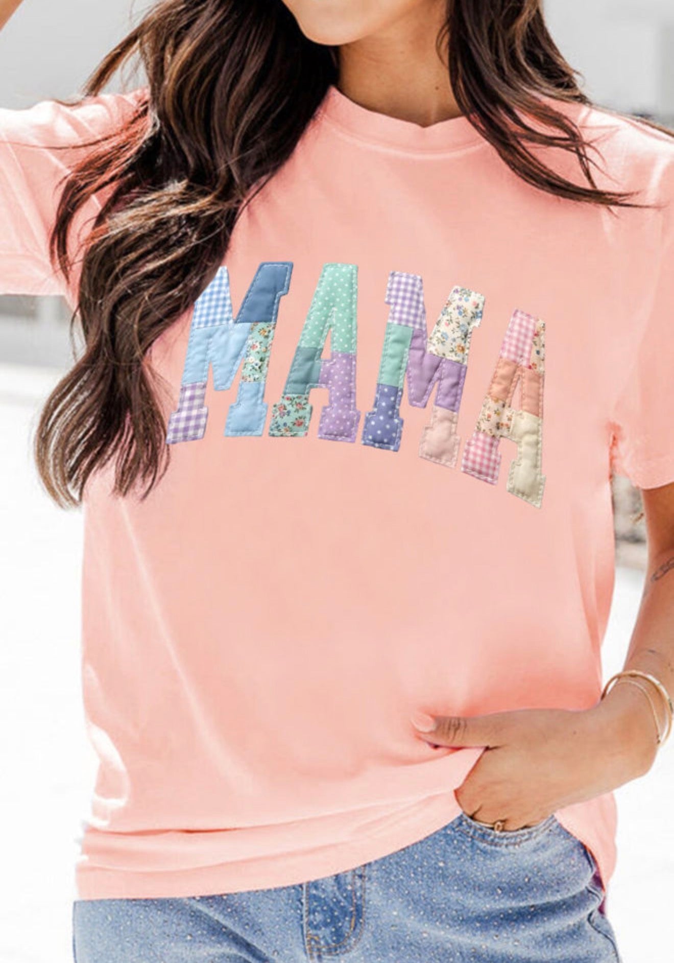 Ivy's Gifts & Boutique ML63 Mama patchwork print T-shirt with colorful, artistic design on soft fabric, casual style.