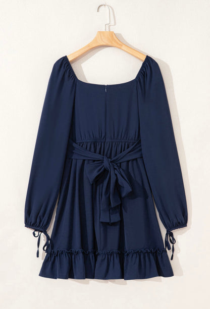 A20 Navy Ruffle Hem Dress with Waist Tie