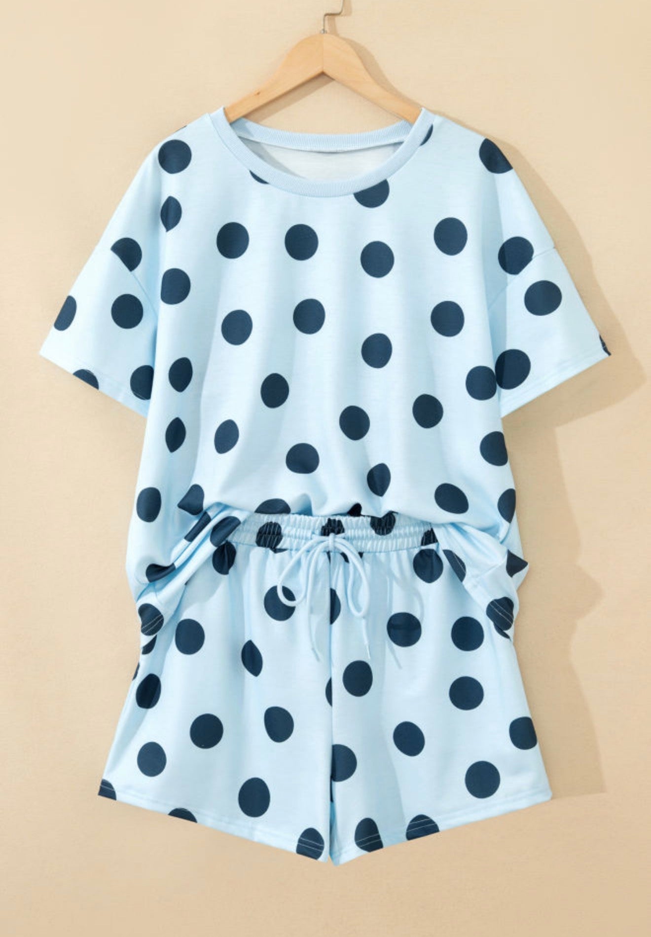 Light blue polka dot 2-piece short set by Ivy's Gifts & Boutique, featuring a matching top and shorts for casual wear.