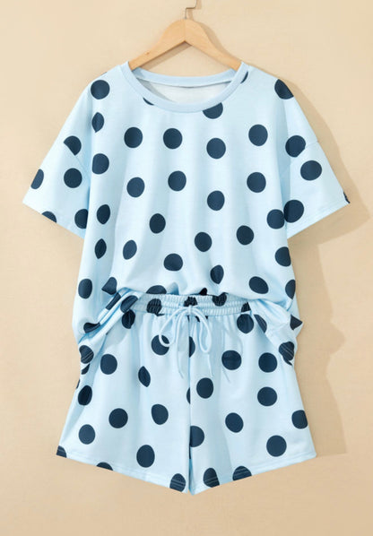Light blue polka dot 2-piece short set by Ivy's Gifts & Boutique, featuring a matching top and shorts for casual wear.