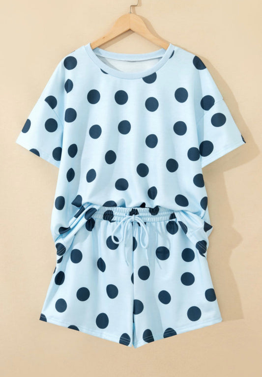 Light blue polka dot 2-piece short set by Ivy's Gifts & Boutique, featuring a matching top and shorts for casual wear.