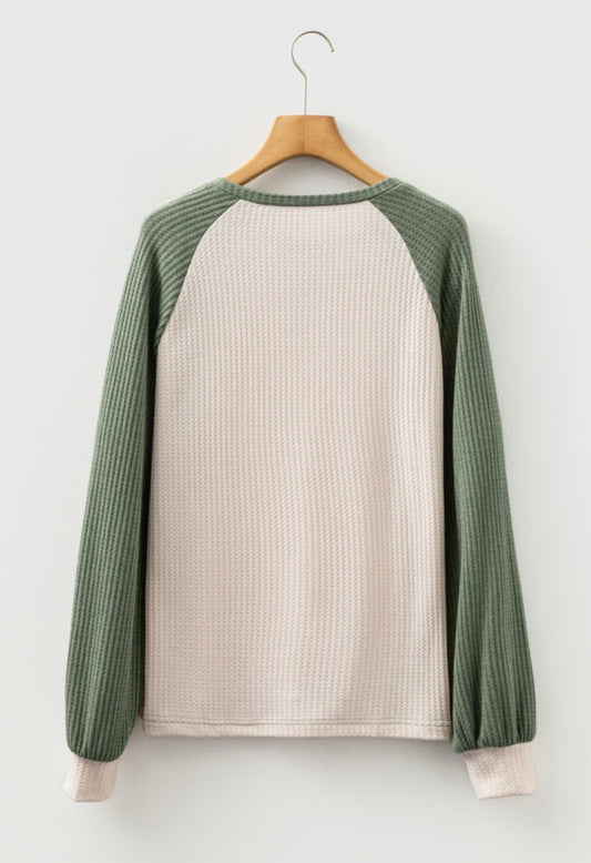 A34 Green And Cream Waffle Weave Top - Ivy's Gifts & Boutique
