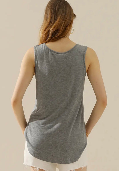 Sleeveless FR28 wide strap T-shirt tank top in soft fabric, worn by a model, from Ivy's Gifts & Boutique.
