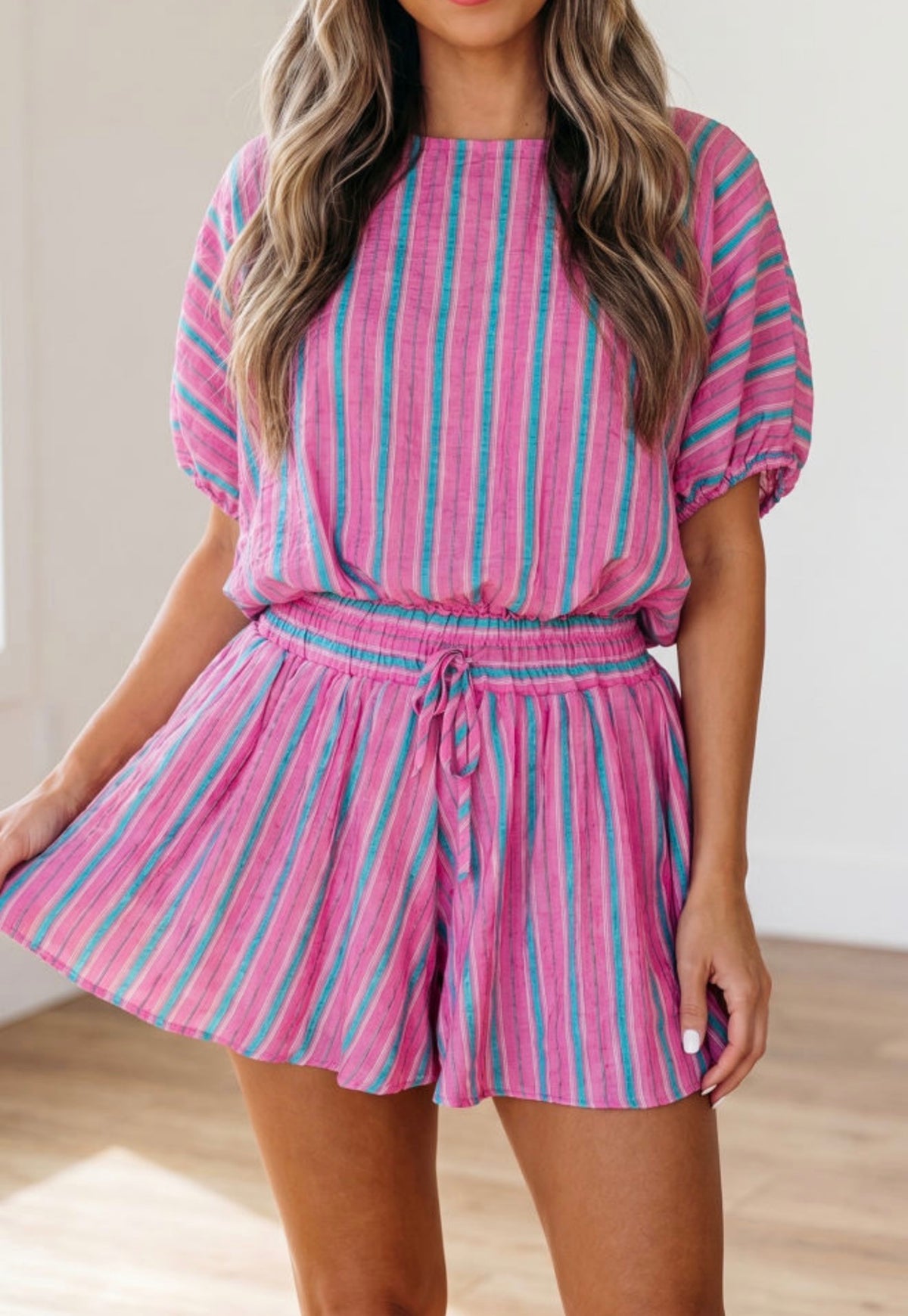 MPPGS Lightweight Pink Striped Skirt Short Set with Drawstring Elastic Waist