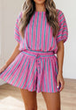 MPPGS Lightweight Pink Striped Skirt Short Set with Drawstring Elastic Waist