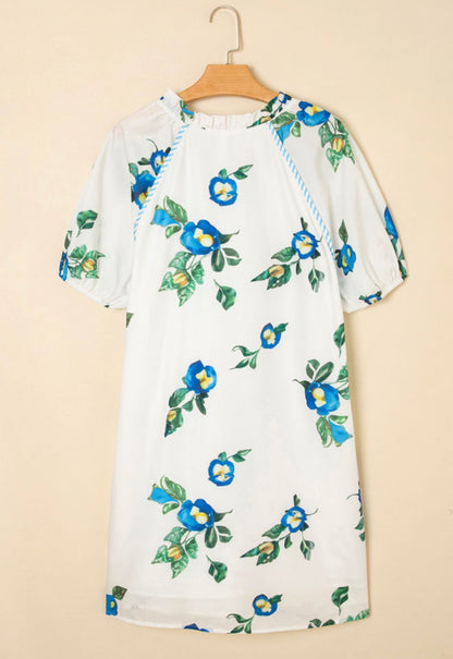 PP34 White Dress with Blue Floral Print and Contrast Tie V Neck and Puff Sleeves