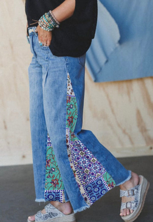 Blue Jeans with Patchwork Side Seam Detail
