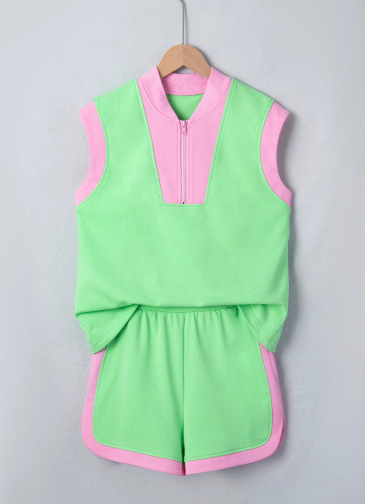MLPG Pink and Green Short Set with Zippered Contrast Boarder Trim Details