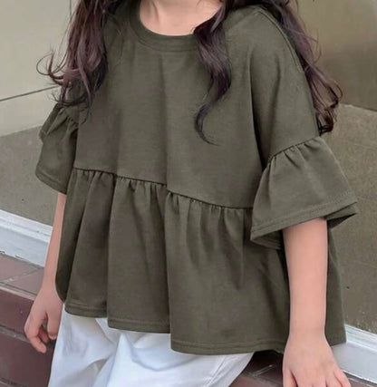 TP1 Army Green Swing Style Cropped Top with Ruffle 3/4 Length Sleeves