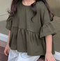 TP1 Army Green Swing Style Cropped Top with Ruffle 3/4 Length Sleeves