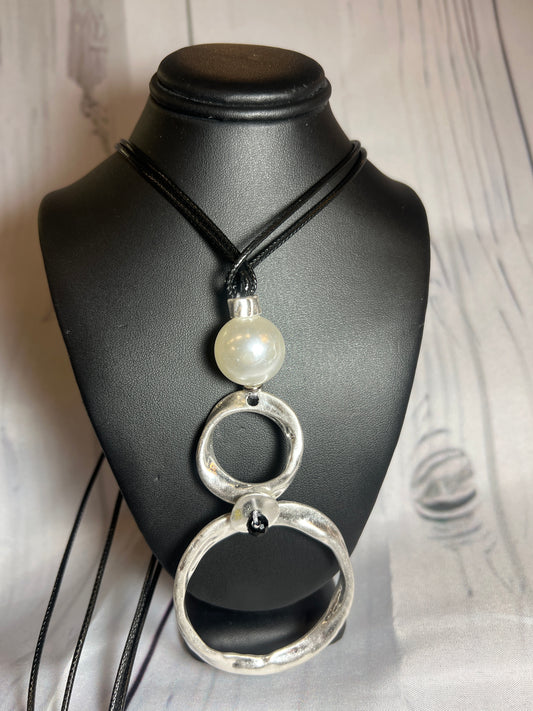 Black Corded Pearl with Silver Rings Long Necklace