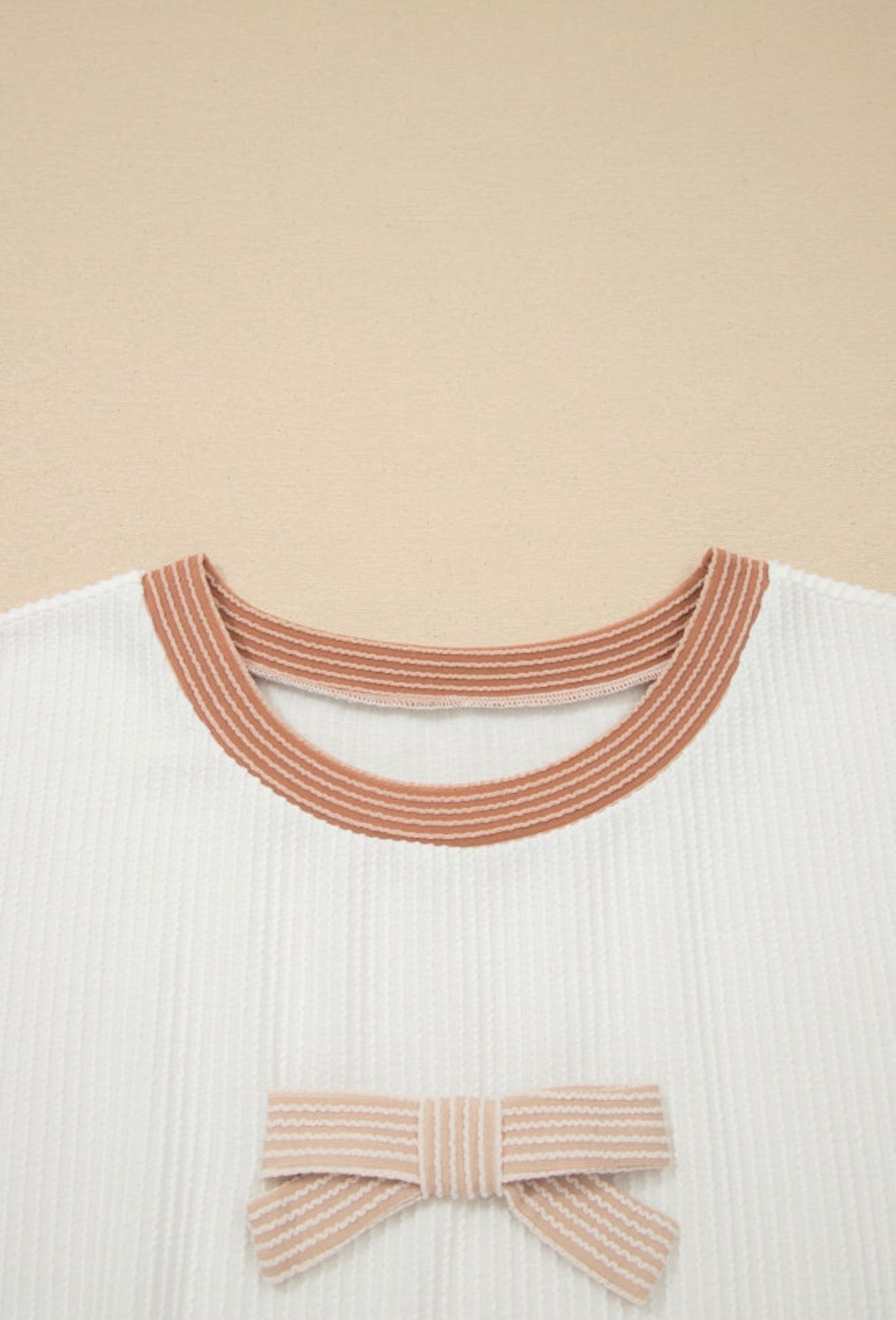 PP15 Bow Knot Detailed Ribbed Top with Short Sleeves in Natural Monotone Colors
