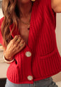 Wide Weave Red Sweater Vest with Gold Hammered Buttons