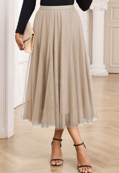 MLSK Tan Long Skirt with Mesh Overlay for a Modern Style