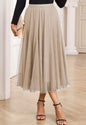 MLSK Tan Long Skirt with Mesh Overlay for a Modern Style