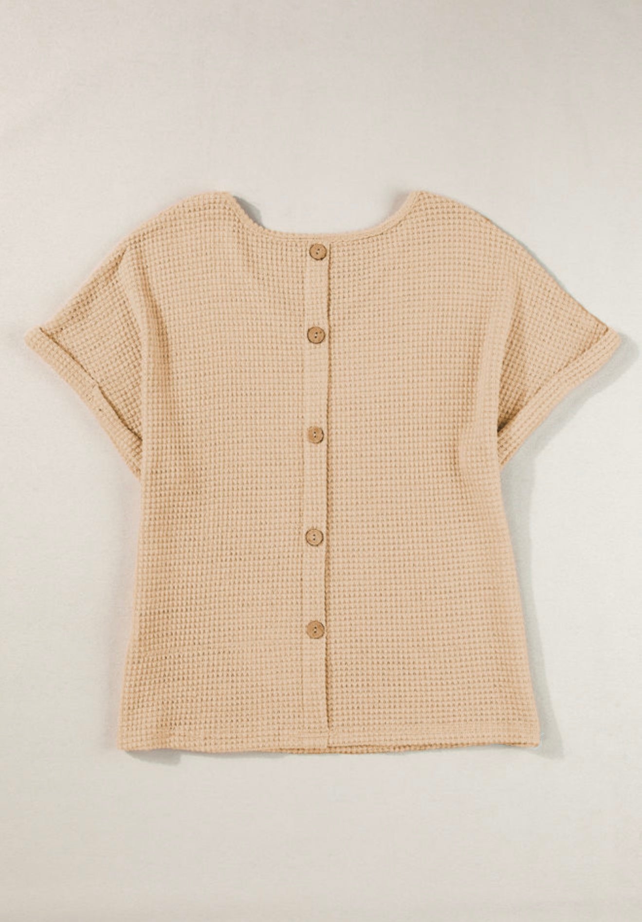 Beige Waffle Weave Top with Back Wooden Button Accents
