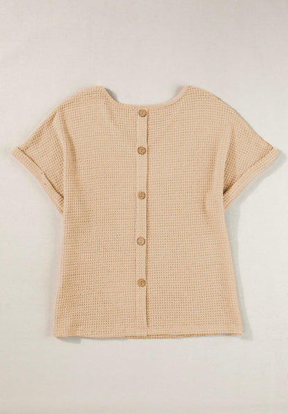 Beige Waffle Weave Top with Back Wooden Button Accents