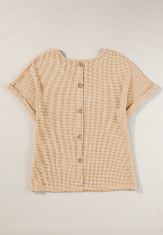 Beige Waffle Weave Top with Back Wooden Button Accents