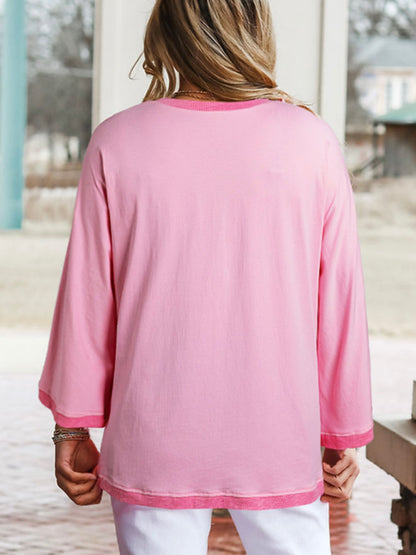 Pink Ribbed Patchwork Top with 3/4 sleeve