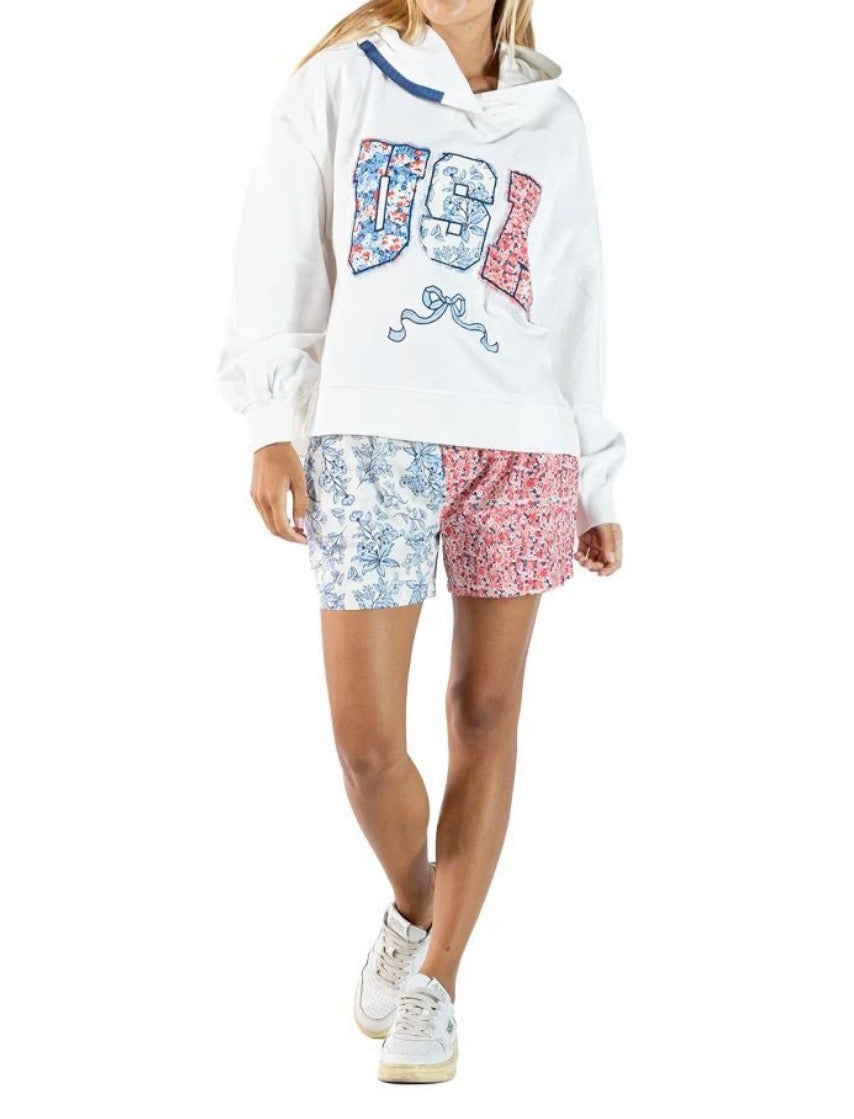 Ivy's Gifts & Boutique SS HD-FLRL-USA hoodie featuring a bow appliqué and logo hood tag, in soft fabric with detailed stitching.