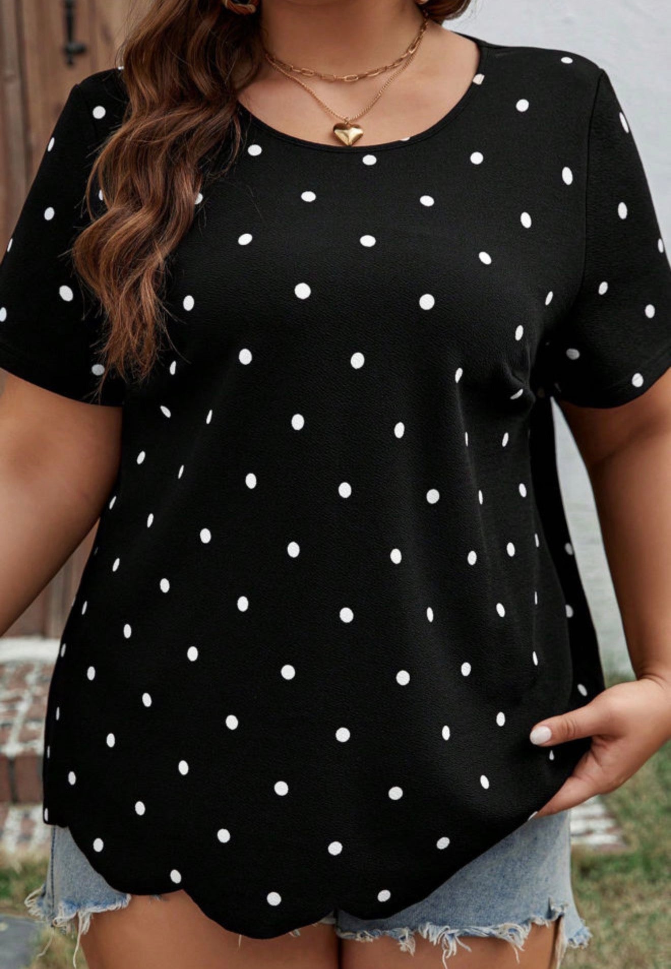 PP1 Black Polka Dot Top with Scallop Hem Detail