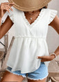 White V Neck Top with Ruffle and Cap Sleeves