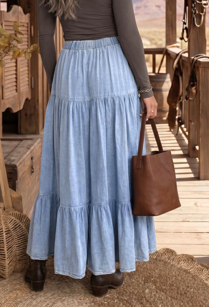 MLDS Denim Maxi Skirt with Ruffle Hem and Elastic Waistband