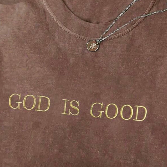 God Is Good Metallic Gold Embroidered T Shirt