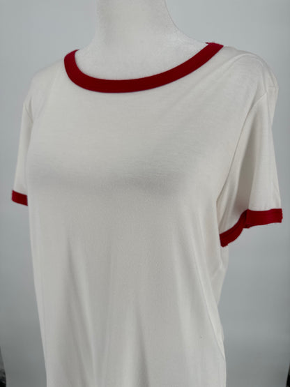 White Tee with Red boardered sleeves and neck