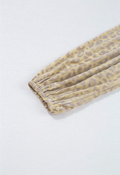 Beige Textured Animal Print Blouse with Elastic Neckline and Cuffs