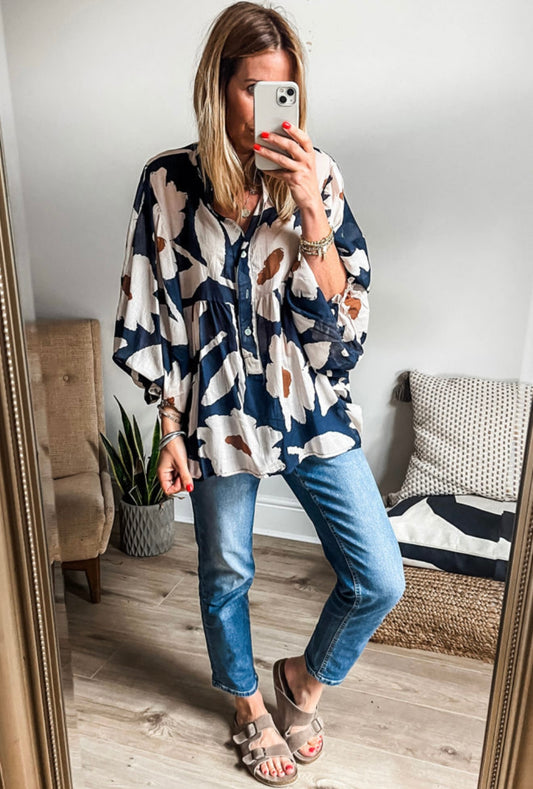 Navy Blue Top with Cream and Brown Bold Print